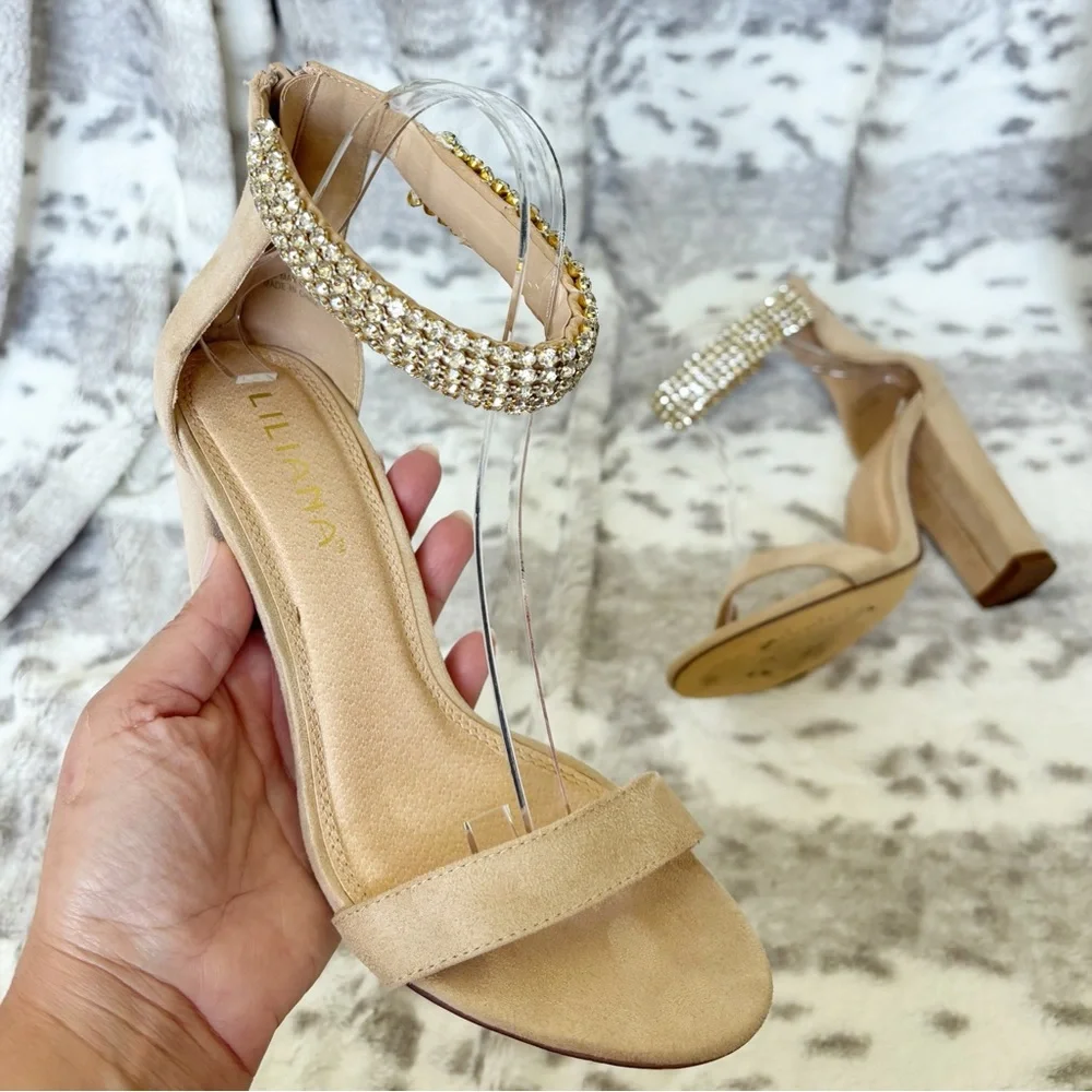 Liliana Champagne Nude Rhinestone Block Heel Sandals | Size 8 - Picture 6 of 11